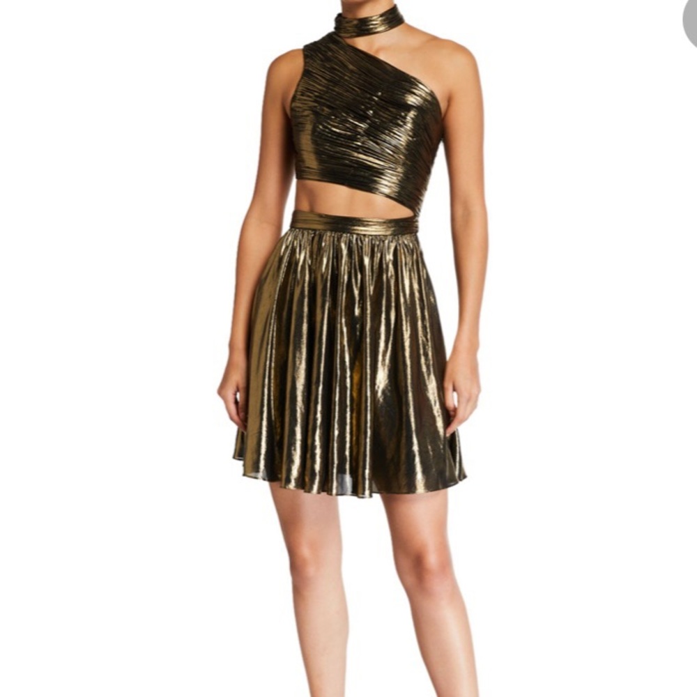 Love, Theia
Metallic Chiffon Mock-Neck Sleeveless Ruched Cutout Dress